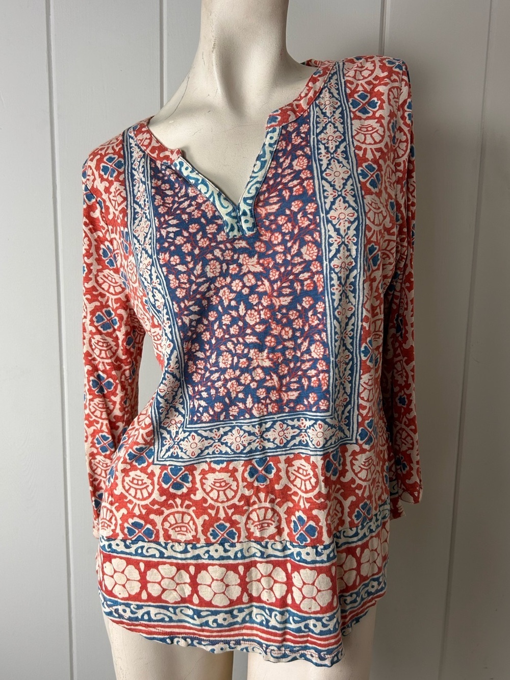 Lucky Brand Blue Floral top Boho Cotton Modal long Sleeve Size L new - Picture 7 of 7